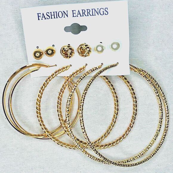 NWT Glamorous 6 Elegant Mix textured Big Gold Hoops and Studs Earring Set - Picture 1 of 4